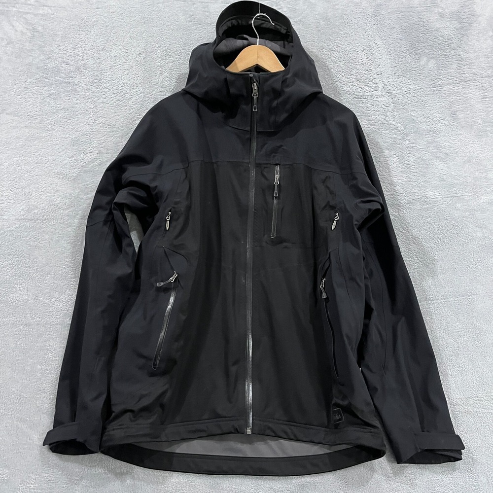 REI E1 Elements Jacket Men Large Black Full Zip Hooded Rain Waterproof Outdoor
